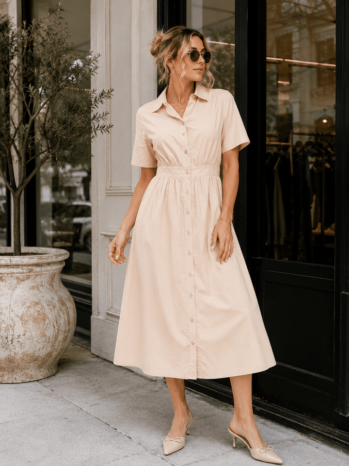 WOMEN'S SHORT SLEEVE BUTTON UP FRONT POCKETS MIDI DRESS