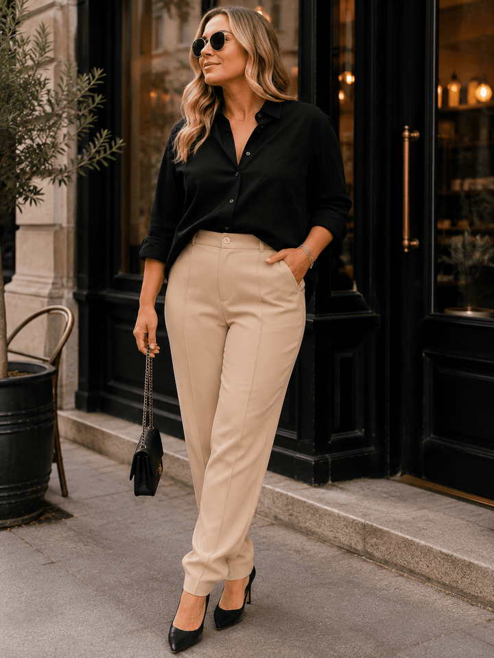 PLUS SIZE BUTTON CLOSURE POCKETS STRAIGHT LEG SOLID PANTS