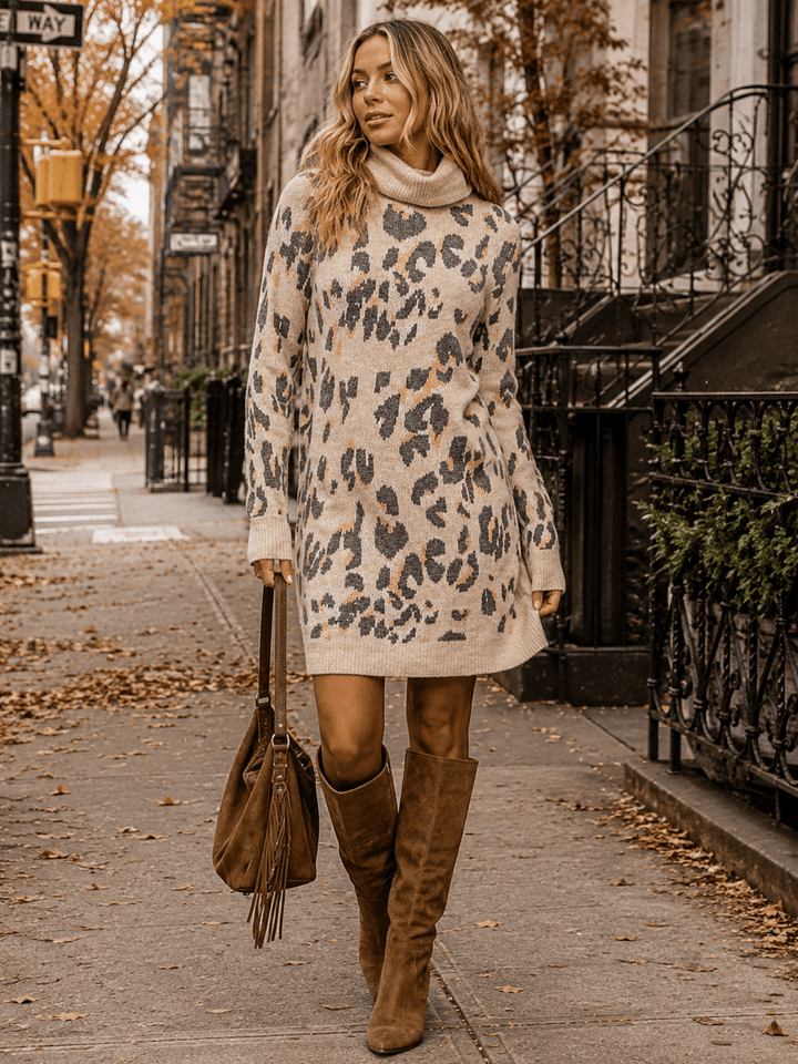 WOMEN'S LONG SLEEVE TURTLE NECK ANIMAL PRINT BODYCON SWEATER MINI DRESS