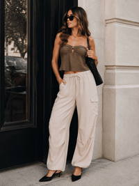 WOMEN'S ELASTIC WAIST SELF TIE CARGO POCKETS ADJUSTABLE LEG PANTS