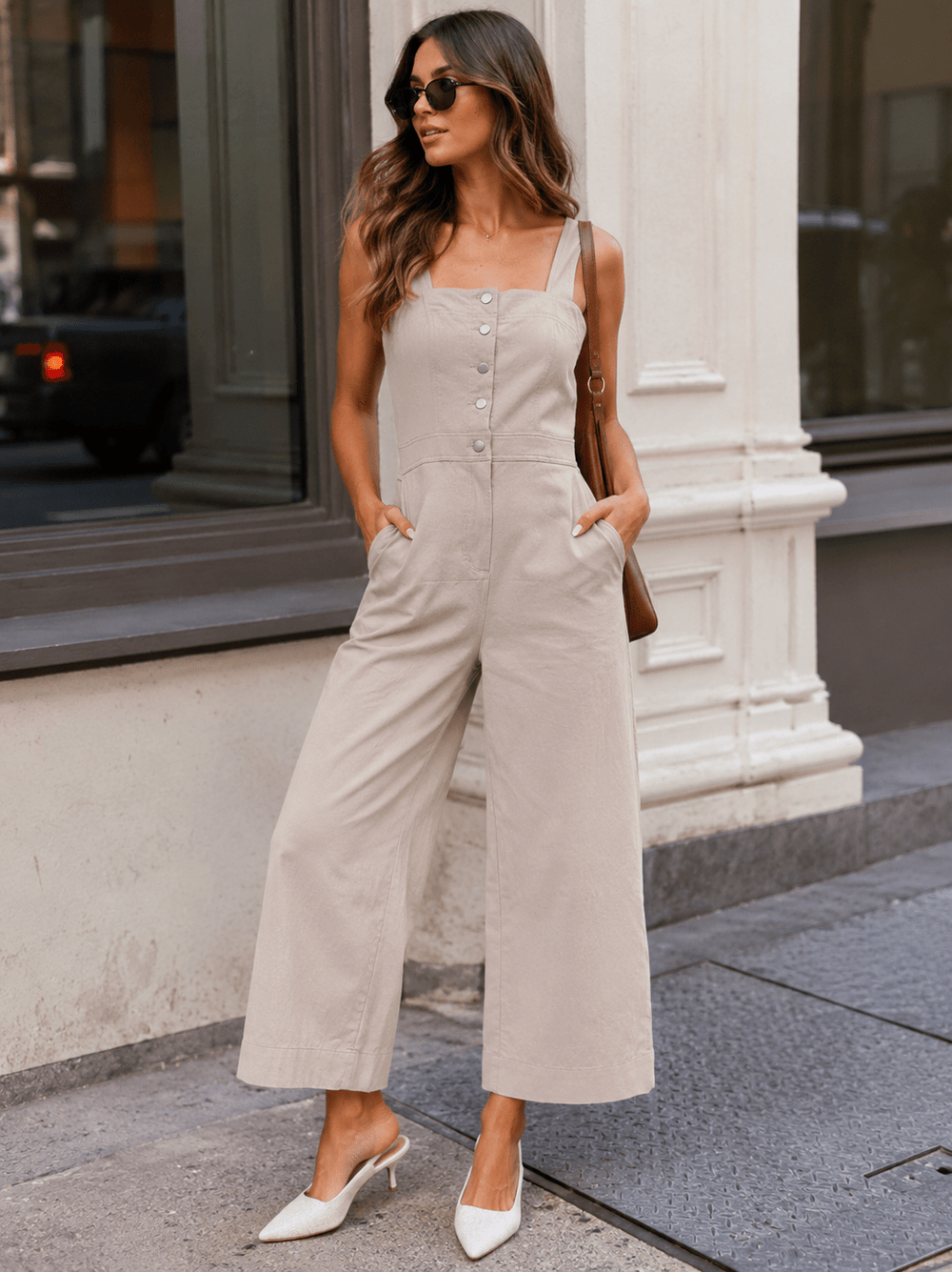 WOMEN'S SLEEVELESS BUTTON UP FRONT POCKETS STRETCH DENIM JUMPSUIT