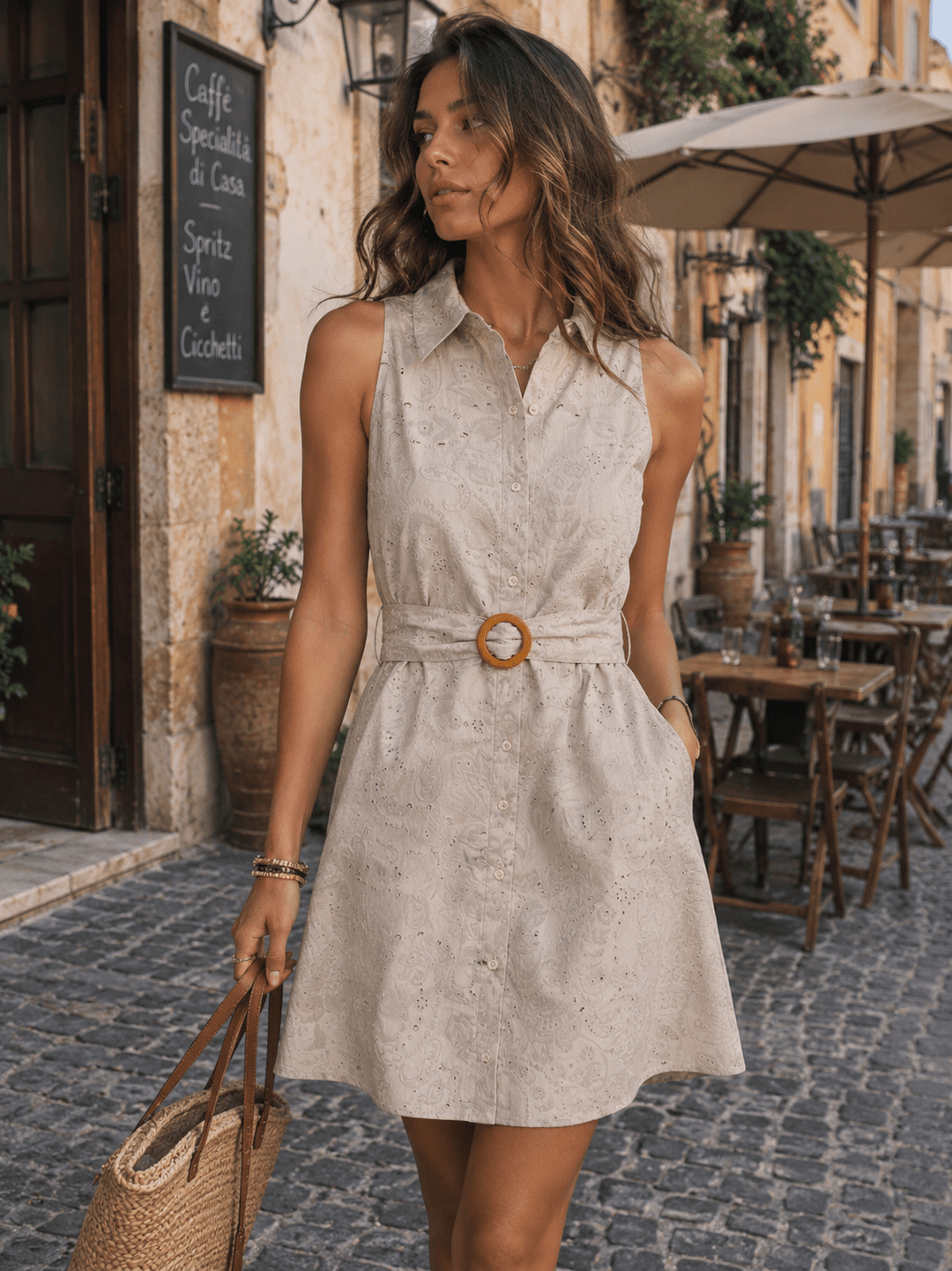 WOMEN'S SLEEVELESS BUTTON UP BELTED EYELET MINI DRESS
