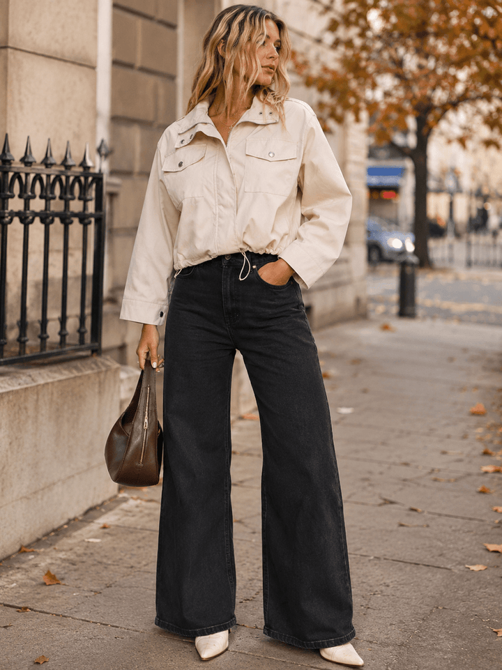 WOMEN'S LONG SLEEVE BUTTON UP FRONT POCKETS ADJUSTABLE WAIST JACKET