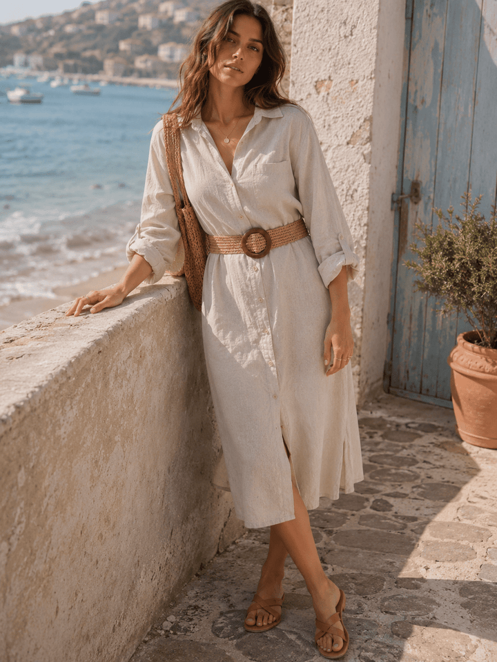 WOMEN'S LONG SLEEVE BUTTON UP BELTED FRONT POCKETS LINEN MIDI DRESS