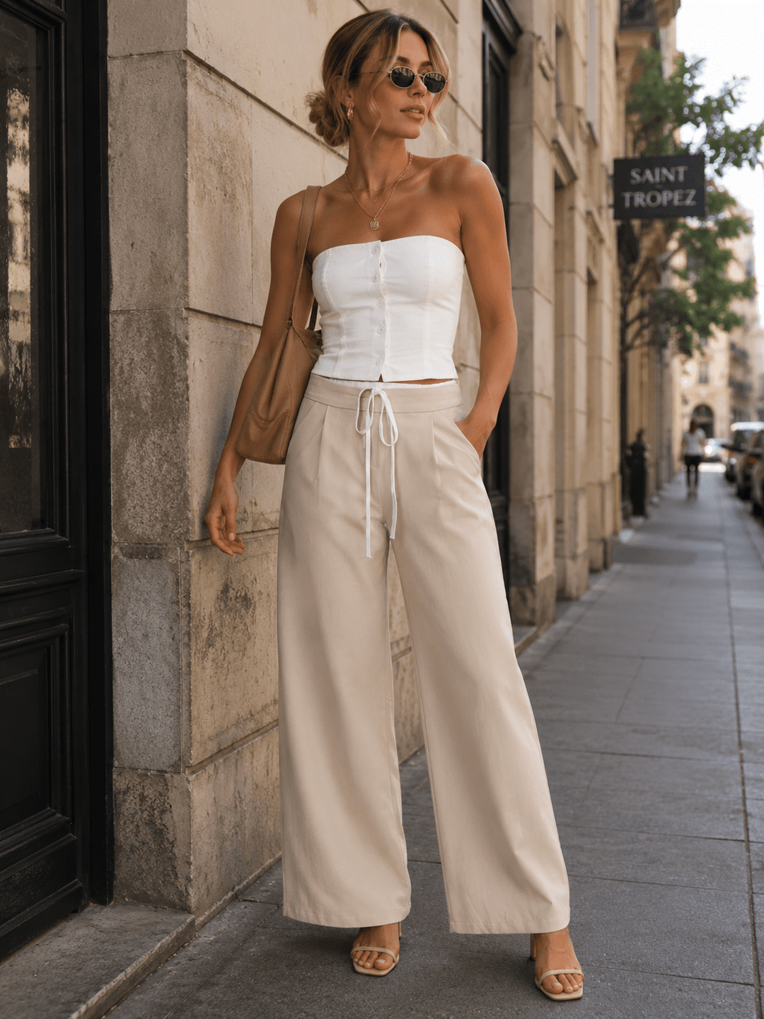 WOMEN'S ELASTIC WAIST SELF TIE FRONT POCKETS STRAIGHT LEGS PANTS