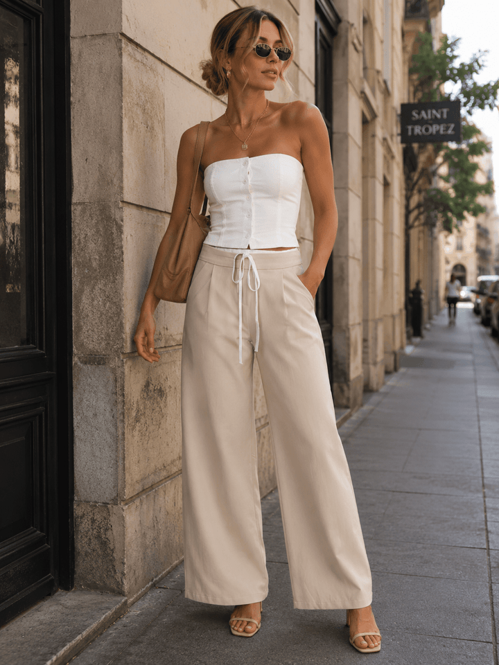 WOMEN'S ELASTIC WAIST SELF TIE FRONT POCKETS STRAIGHT LEGS PANTS