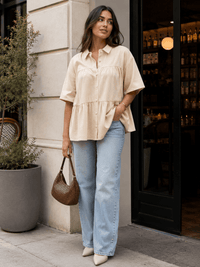 WOMEN'S SHORT SLEEVE BUTTON UP TIERED TUNIC TOP