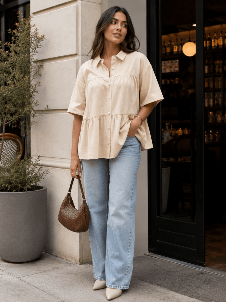 WOMEN'S SHORT SLEEVE BUTTON UP TIERED TUNIC TOP