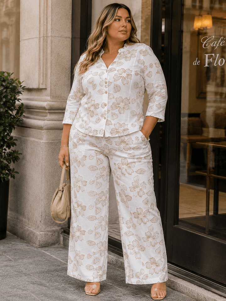 PLUS SIZE 3/4 SLEEVE BUTTON UP BLOUSE & ELASTIC WAIST POCKETS PANTS FLORAL EMBROIDERY 2PC. SET