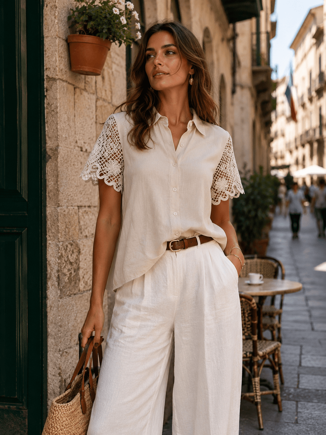 WOMEN'S SHORT CROCHET SLEEVES BUTTON UP BLOUSE