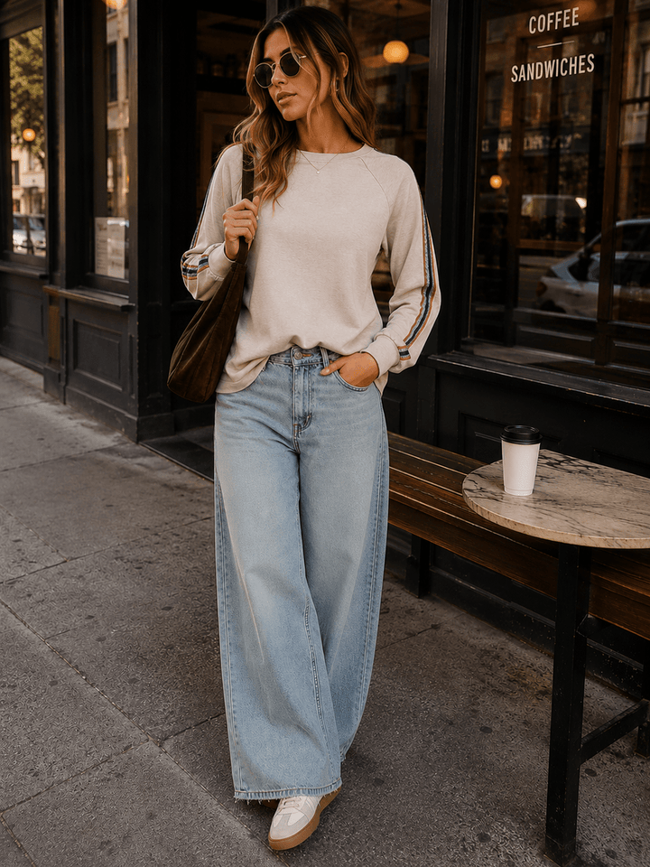 WOMEN'S LONG SLEEVE STRIPES DETAILED TOP
