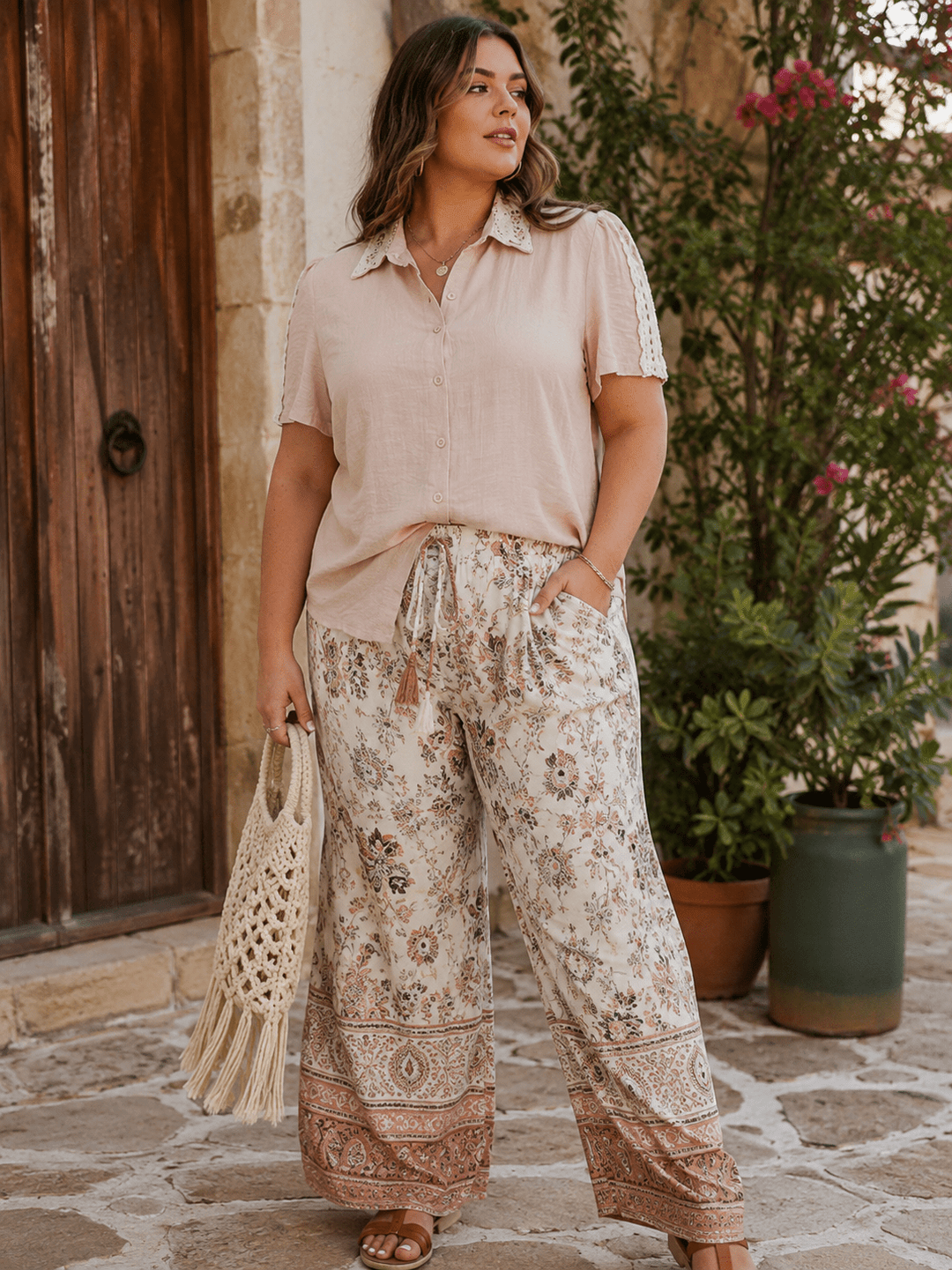 PLUS SIZE SHORT SLEEVE BUTTON UP CROCHET TRIM BLOUSE