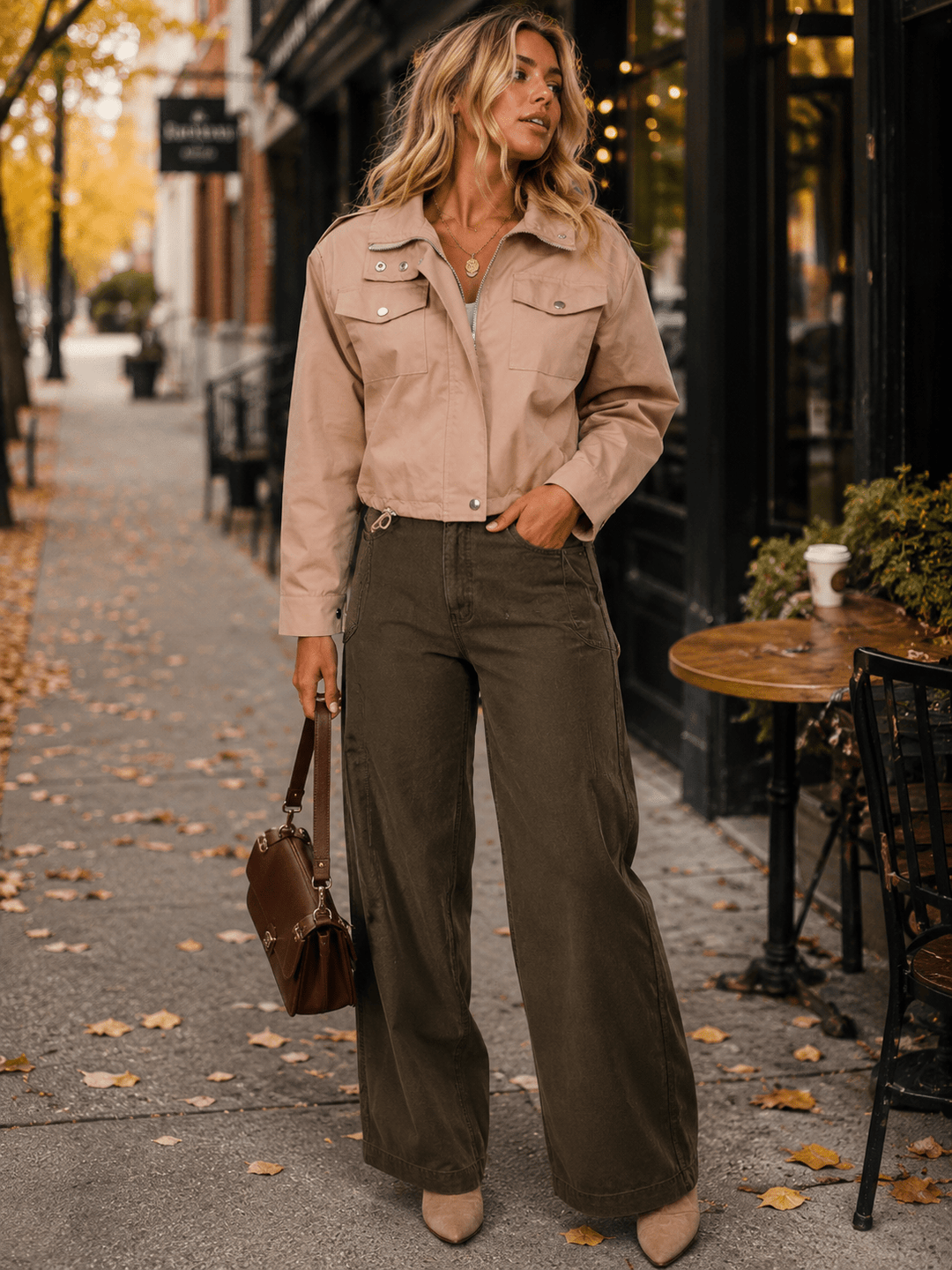 WOMEN'S LONG SLEEVE BUTTON UP FRONT POCKETS ADJUSTABLE WAIST JACKET