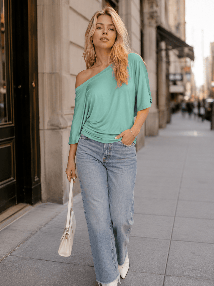 WOMEN'S SHORT SLEEVE OFF SHOULDER LOOSE FIT TUNIC TOP