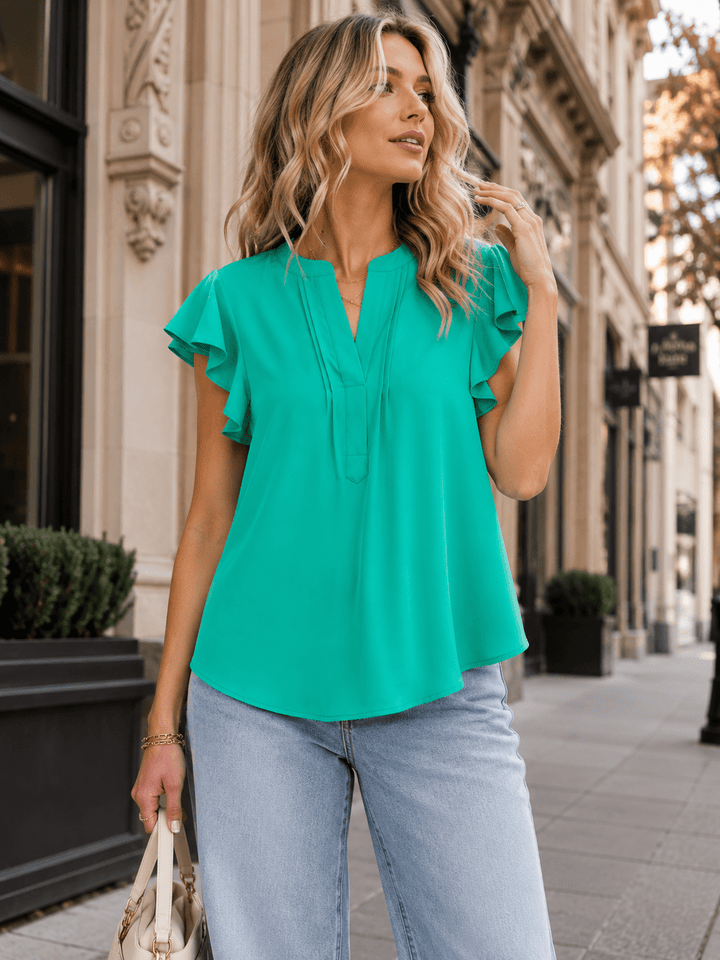 WOMEN'S SHORT RUFFLE SLEEVE V-NECK DETAILED BLOUSE