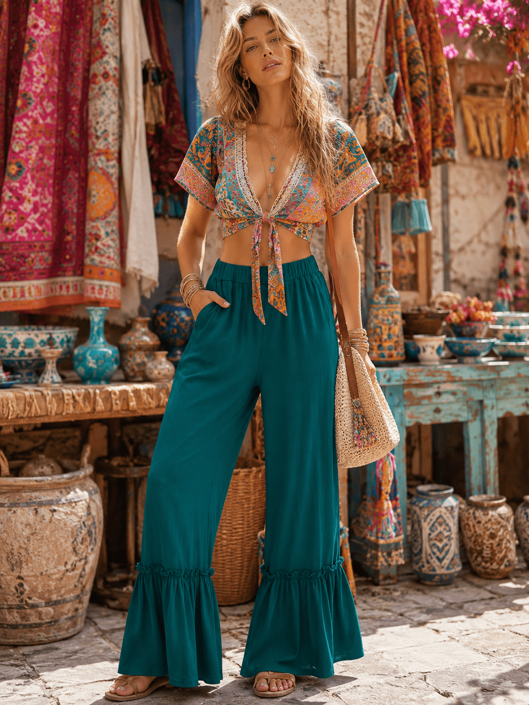 WOMEN'S ELASTIC WAIST FRONT POCKETS RUFFLE BOTTOM HEM PALAZZO PANTS