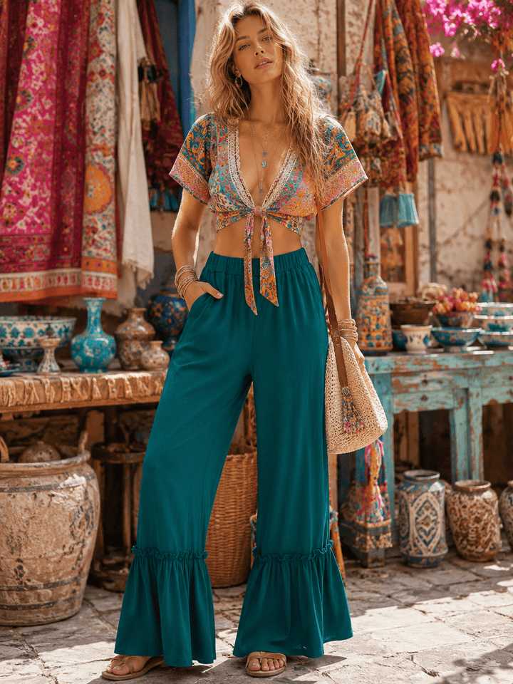 WOMEN'S ELASTIC WAIST FRONT POCKETS RUFFLE BOTTOM HEM PALAZZO PANTS