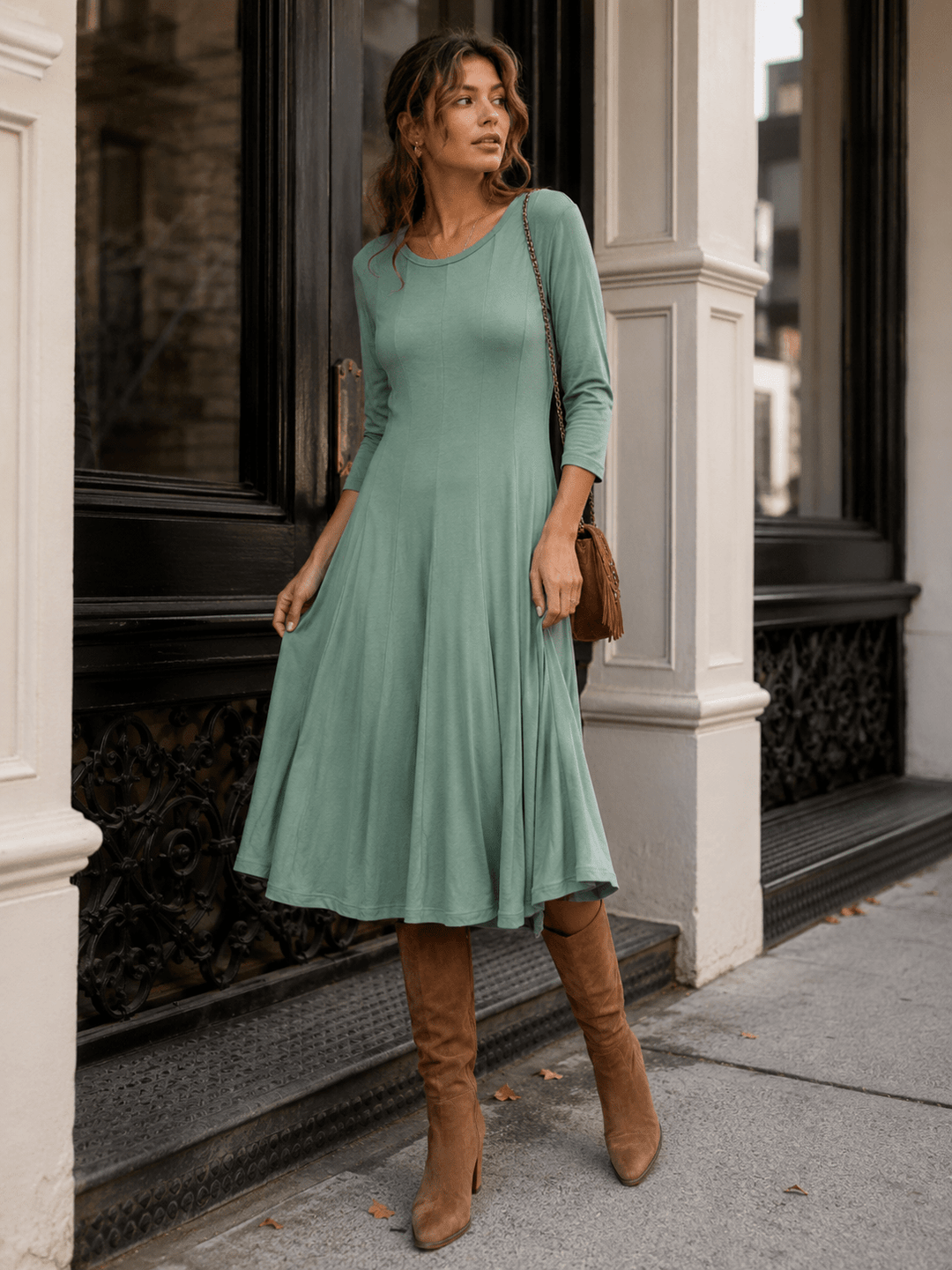 WOMEN'S 3/4 SLEEVE FIT & FLARE SOLID MIDI DRESS
