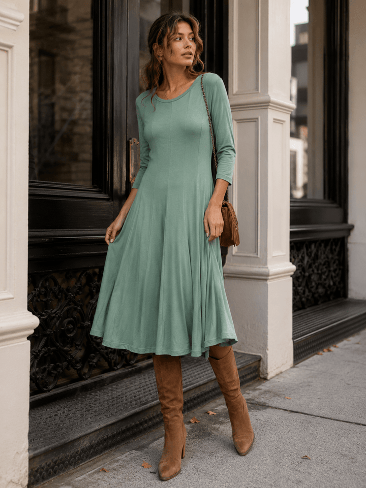 WOMEN'S 3/4 SLEEVE FIT & FLARE SOLID MIDI DRESS