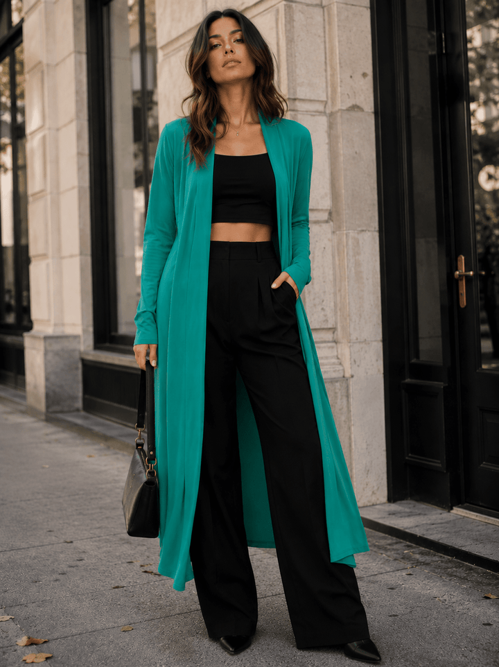 WOMEN'S LONG SLEEVE OPEN FRONT SELF TIE SOLID CARDIGAN