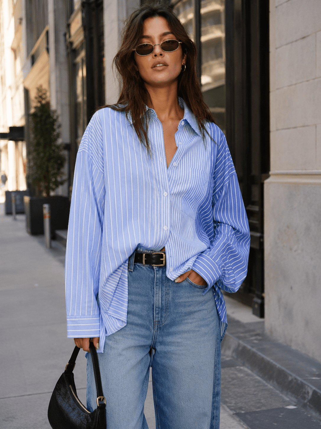 WOMEN'S LONG SLEEVE BUTTON UP FRONT POCKET HIGH-LOW STRIPES SHIRT
