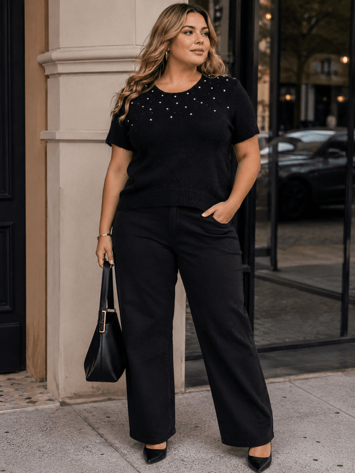 PLUS SIZE SHORT SLEEVE RHINESTONES DETAILED BLOUSE