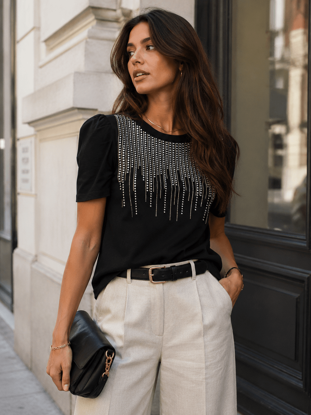 WOMEN'S SHORT SLEEVE RHINESTONES DETAILED BASIC TOP