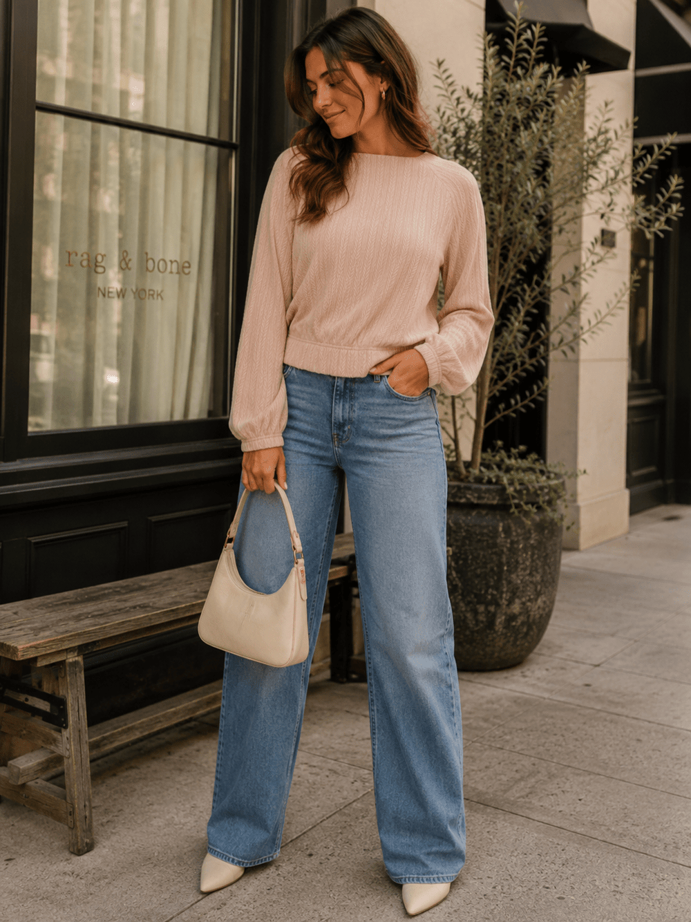 WOMEN'S LONG SLEEVE ELASTIC WAIST CABLE KNIT BLOUSE