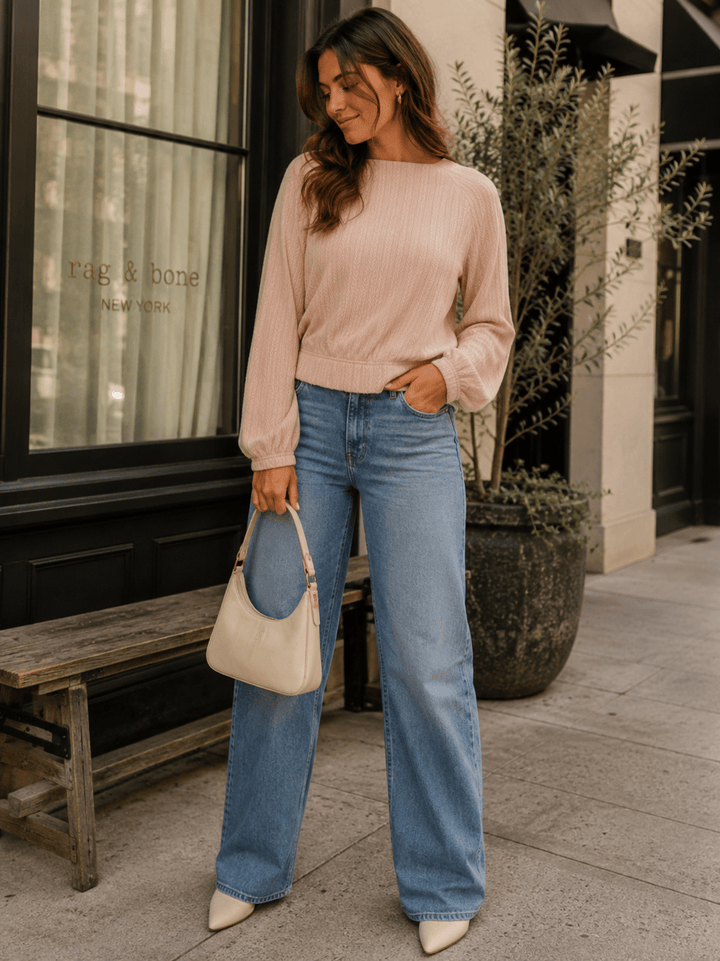 WOMEN'S LONG SLEEVE ELASTIC WAIST CABLE KNIT BLOUSE