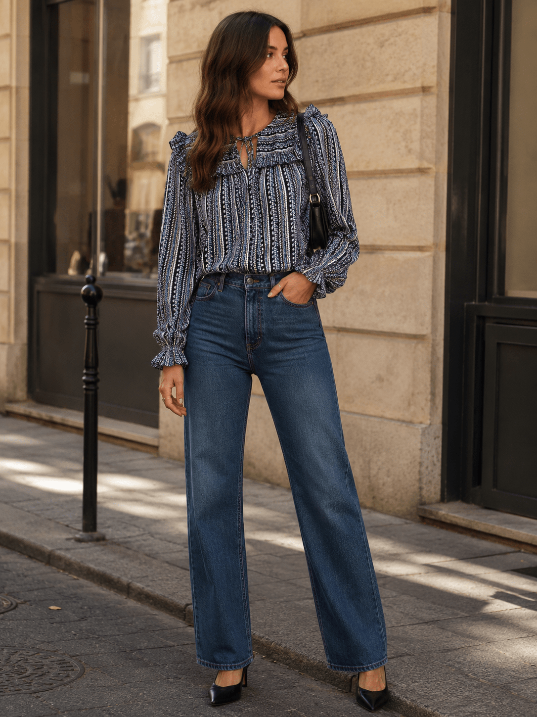 WOMEN'S LONG SLEEVE V-NECK RUFFLE PRINT DETAILED BLOUSE