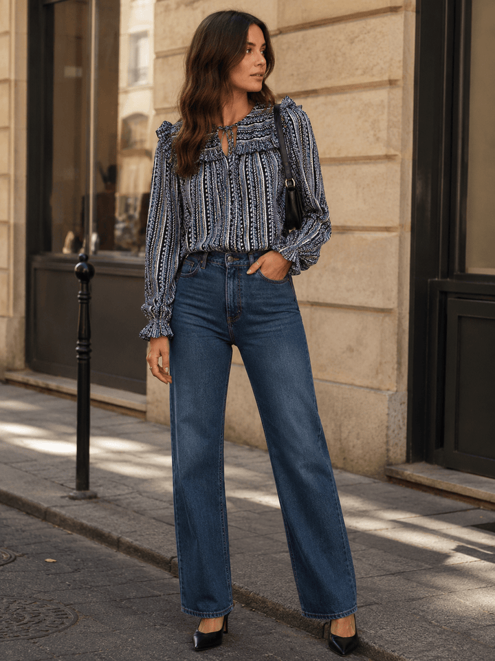 WOMEN'S LONG SLEEVE V-NECK RUFFLE PRINT DETAILED BLOUSE
