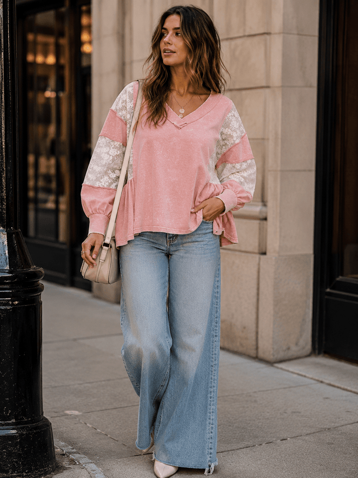 WOMEN'S LONG SLEEVE V-NECK LOOSE FIT LACE WASHED CONTRAST TOP