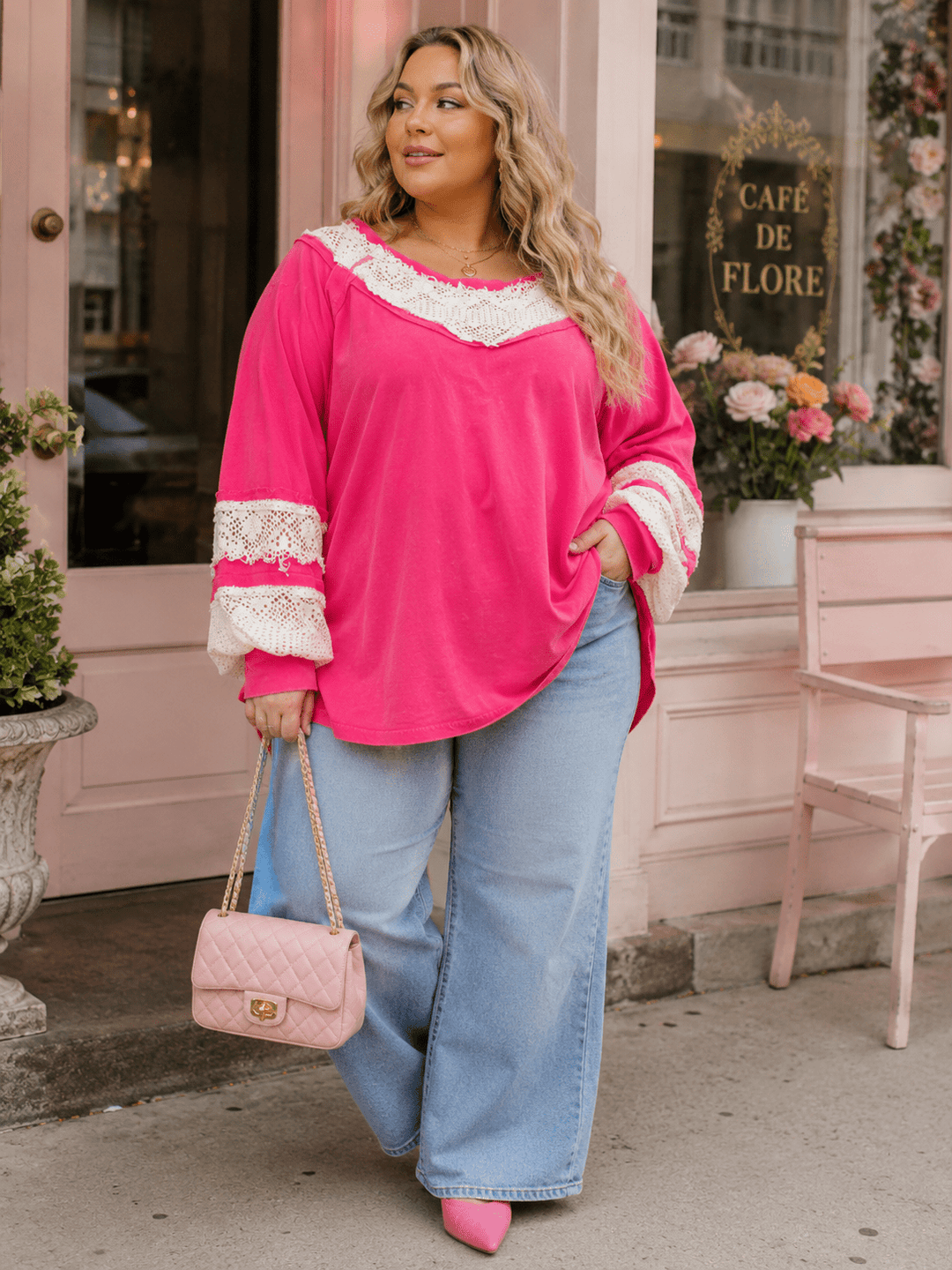 PLUS SIZE LONG SLEEVE CROCHET CONTRAST LOOSE FIT COLORBLOCK TOP