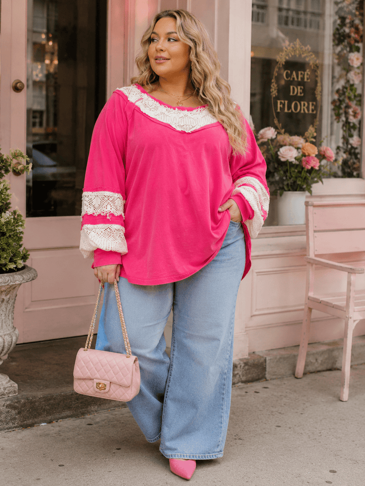 PLUS SIZE LONG SLEEVE CROCHET CONTRAST LOOSE FIT COLORBLOCK TOP