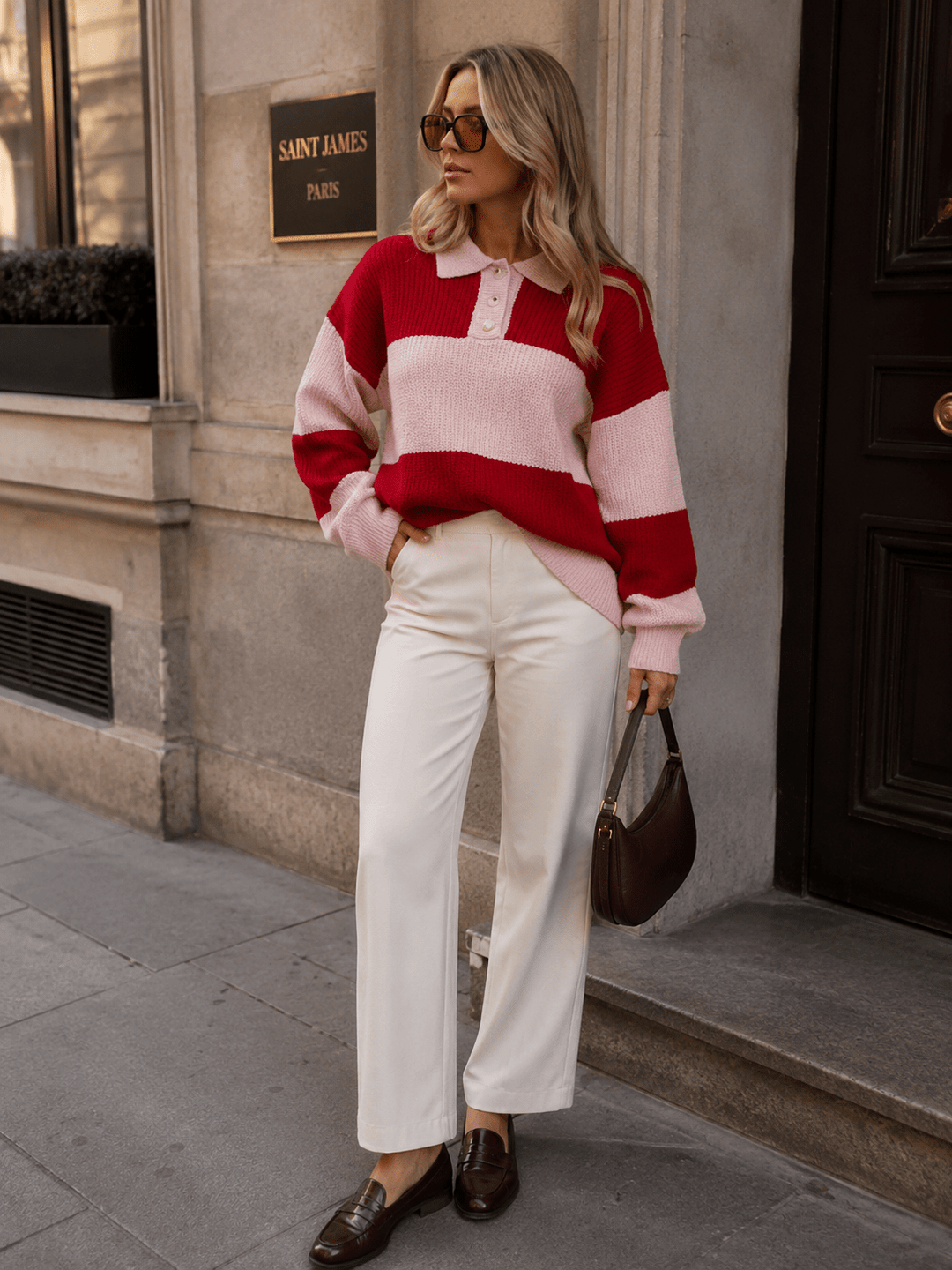 WOMEN'S LONG SLEEVE BUTTON UP COLORBLOCK STRIPES PULLOVER SWEATER