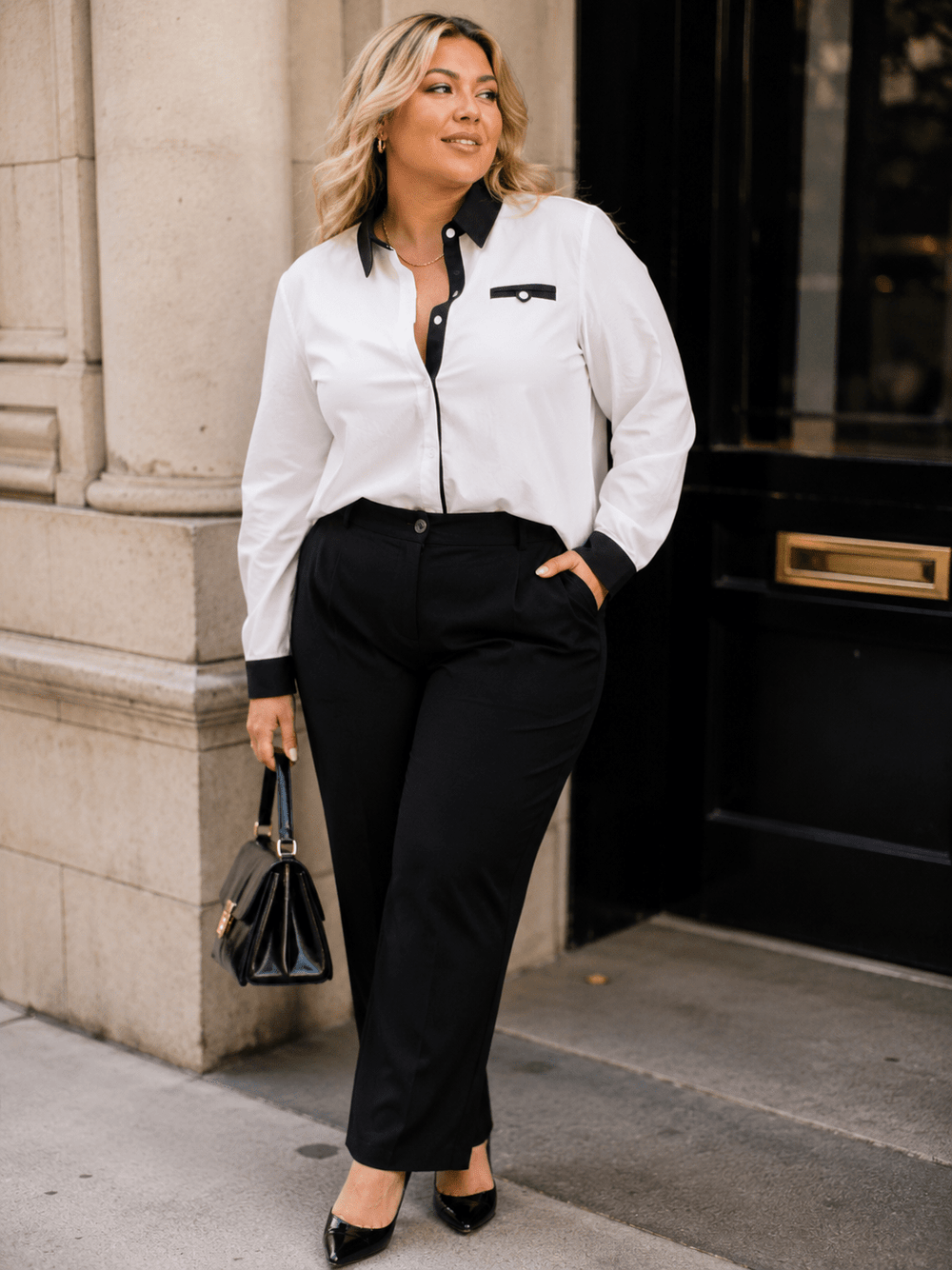 PLUS SIZE LONG SLEEVE BUTTON UP COLORBLOCK SHIRT