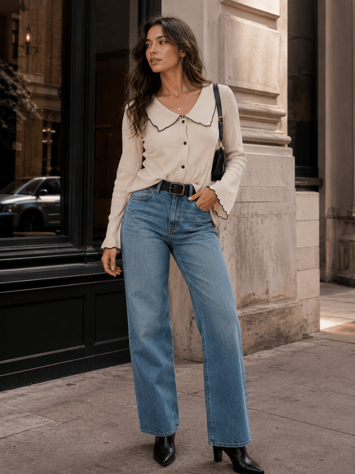 WOMEN'S LONG SLEEVE BUTTON UP TRIM DETAILED COLLAR BLOUSE