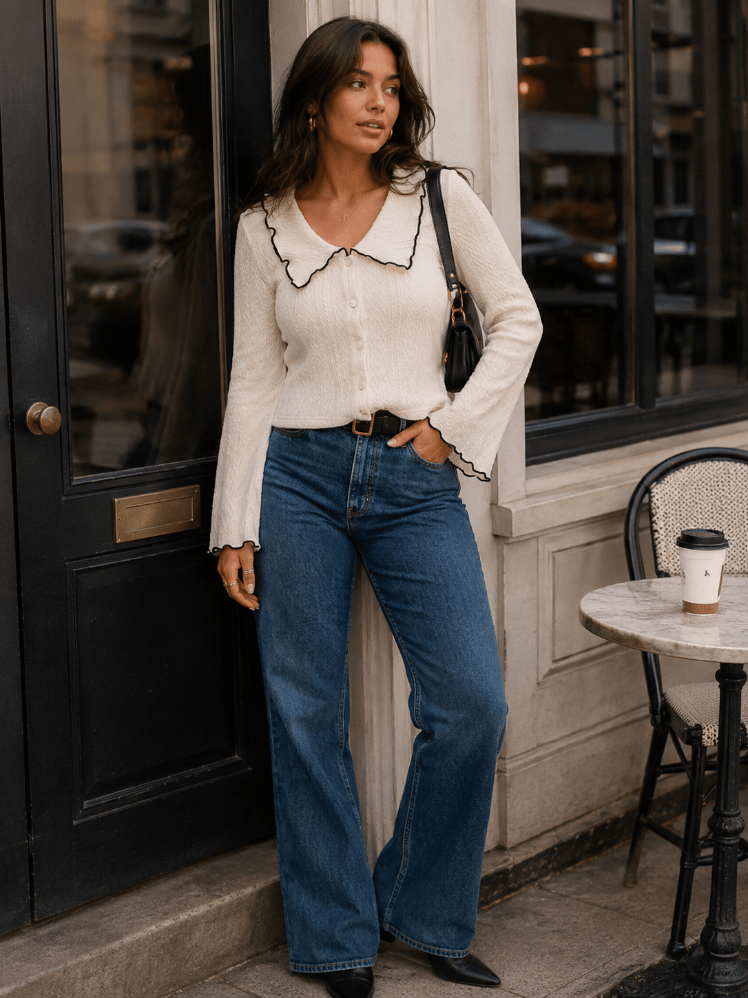 WOMEN'S LONG SLEEVE BUTTON UP TRIM DETAILED COLLAR BLOUSE