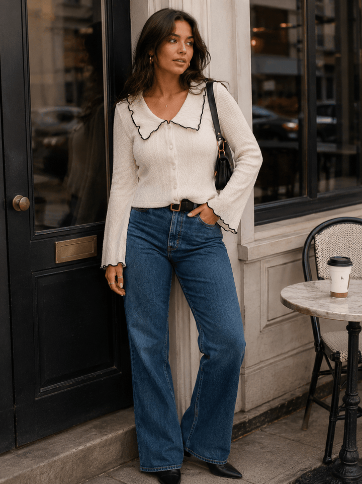 WOMEN'S LONG SLEEVE BUTTON UP TRIM DETAILED COLLAR BLOUSE
