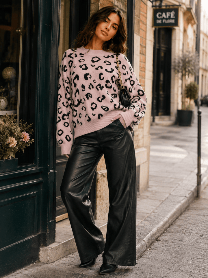 WOMEN'S LONG SLEEVE ANIMAL PRINT PULLOVER SWEATER