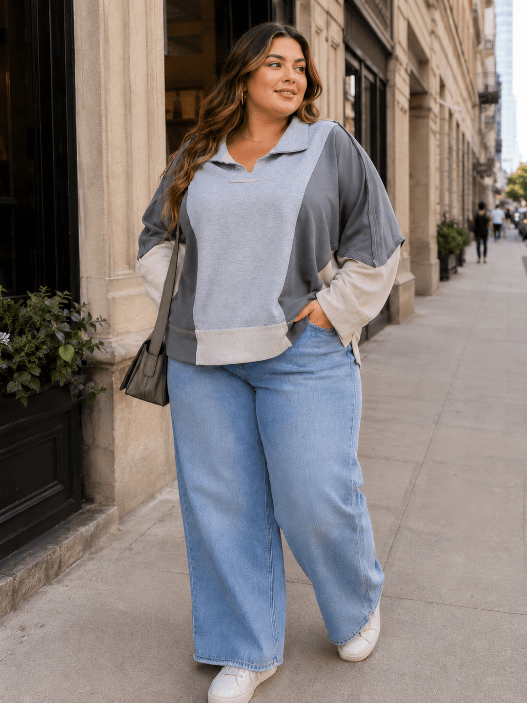 PLUS SIZE LONG SLEEVE V-NECK LOOSE FIT COLORBLOCK TOP