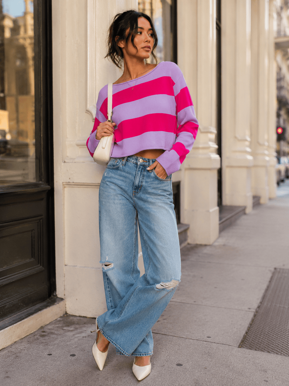 WOMEN'S LONG SLEEVE COLORBLOCK STRIPES KNIT PULLOVER TOP