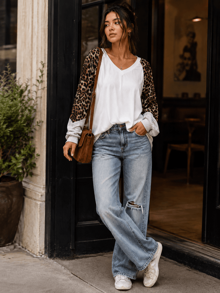 WOMEN'S LONG SLEEVE ANIMAL PRINT COLORBLOCK V-NECK TUNIC TOP