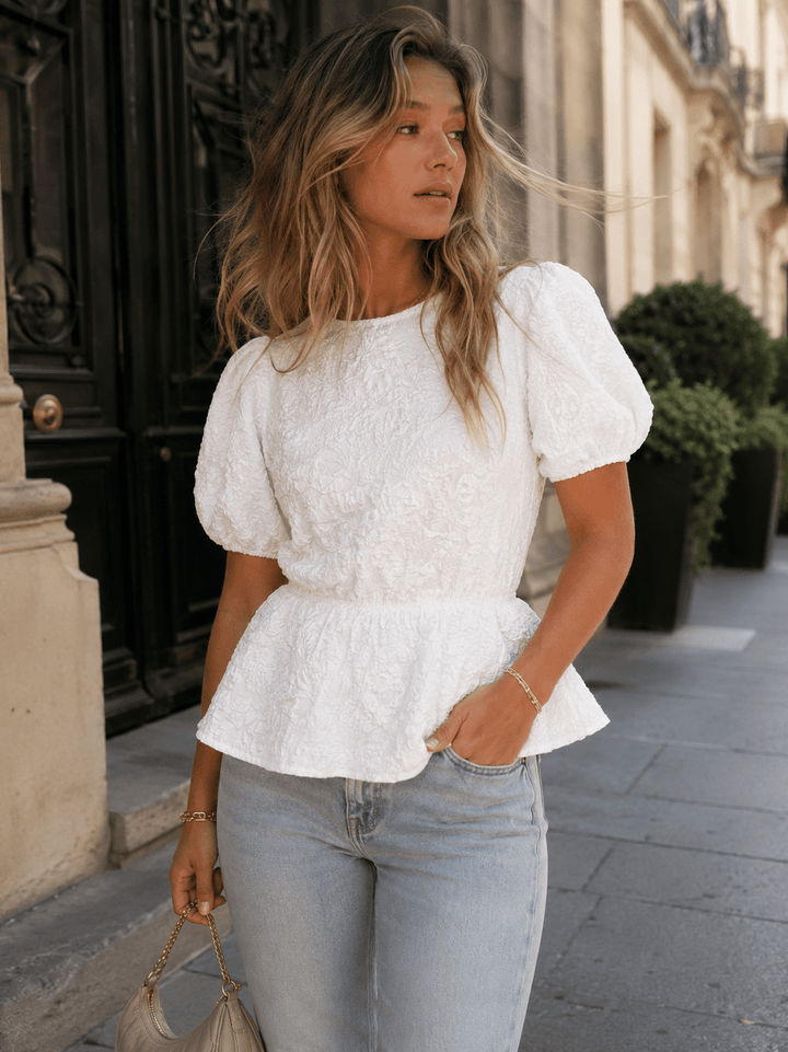 WOMEN'S SHORT PUFF SLEEVE DETAILED PEPLUM BLOUSE