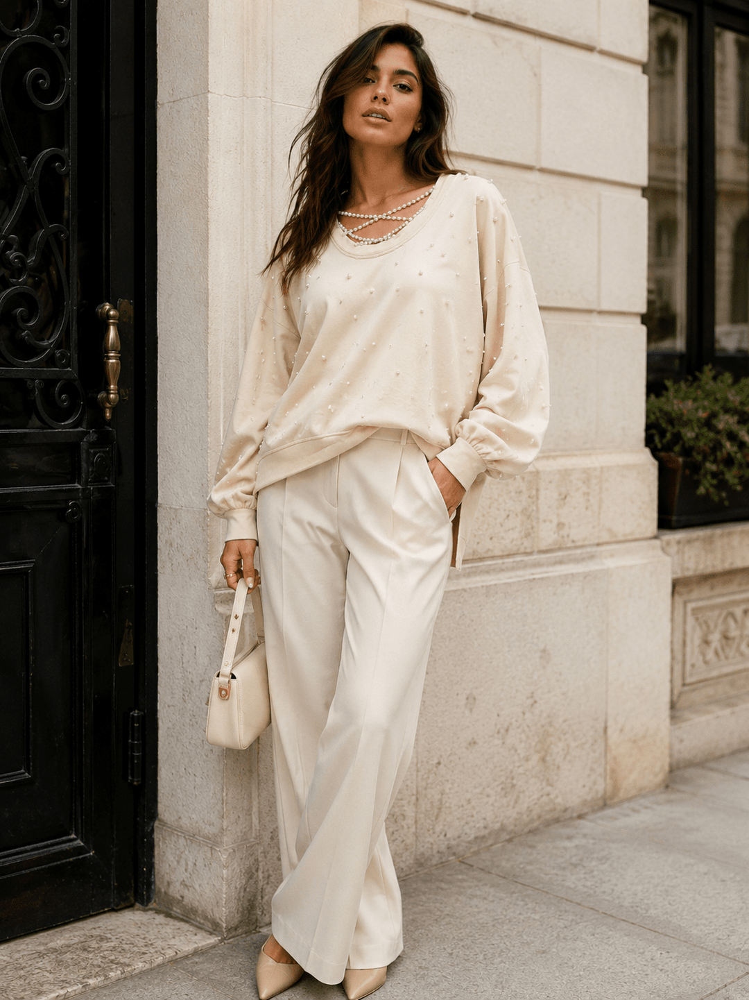 WOMEN'S LONG SLEEVE HIGH-LOW PEARL DETAILED PULLOVER SWEATER