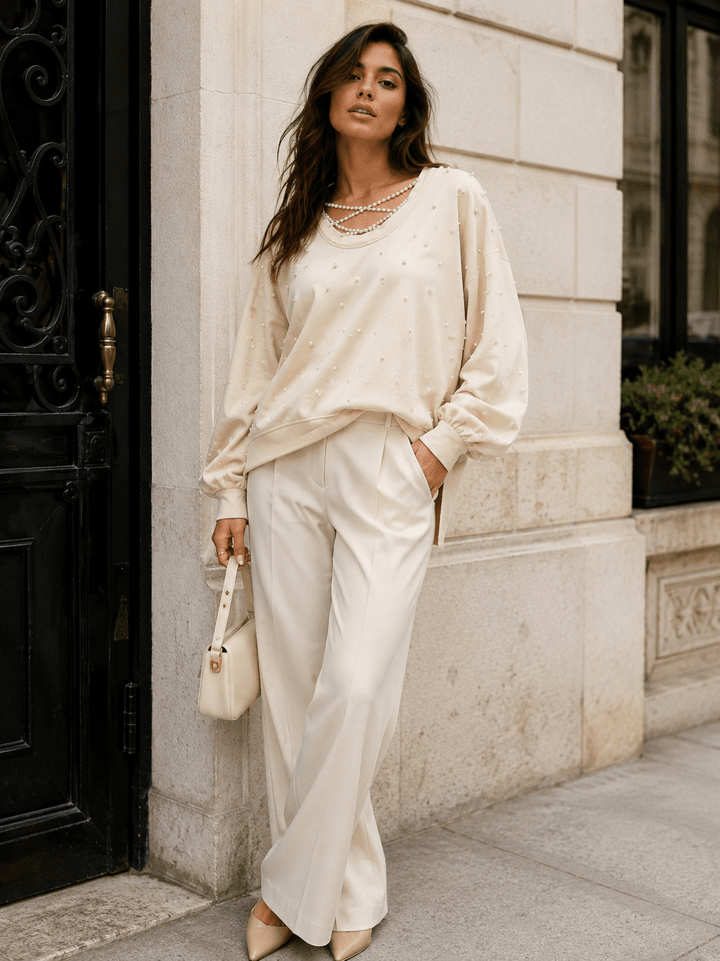 WOMEN'S LONG SLEEVE HIGH-LOW PEARL DETAILED PULLOVER SWEATER