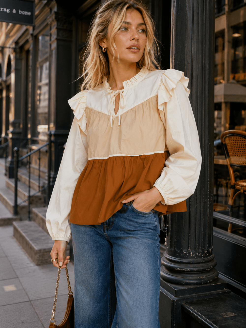 WOMEN'S LONG SLEEVE V-NECK TIERED COLORBLOCK BLOUSE