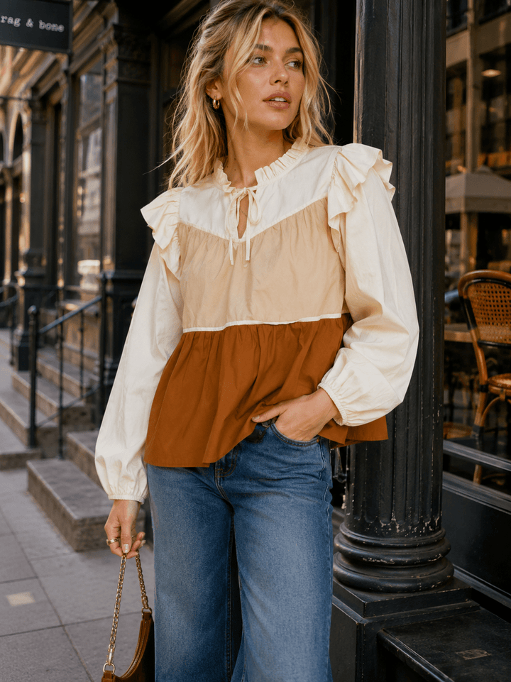 WOMEN'S LONG SLEEVE V-NECK TIERED COLORBLOCK BLOUSE