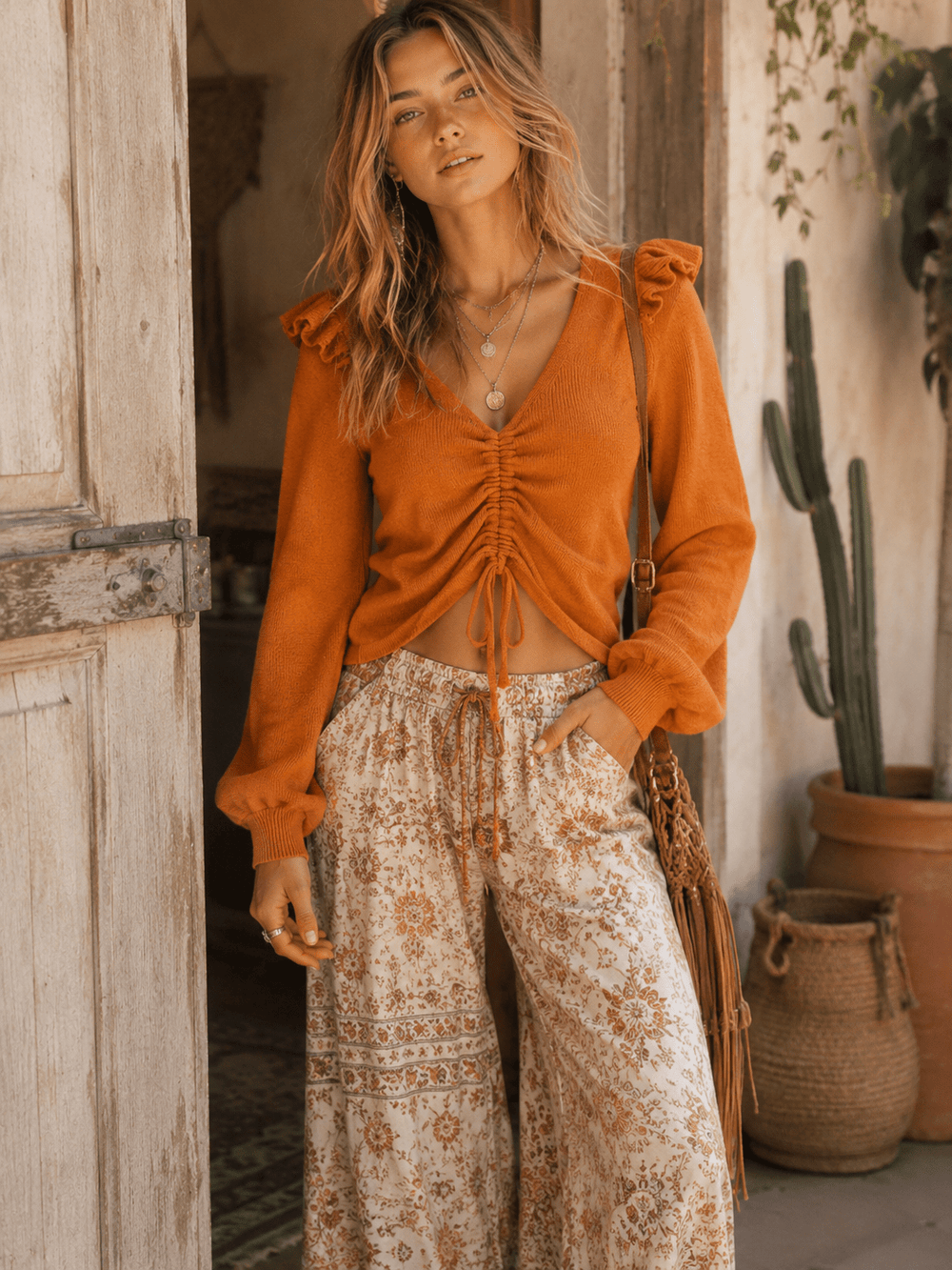 WOMEN'S LONG SLEEVE V-NECK FRONT RUCHED TOP