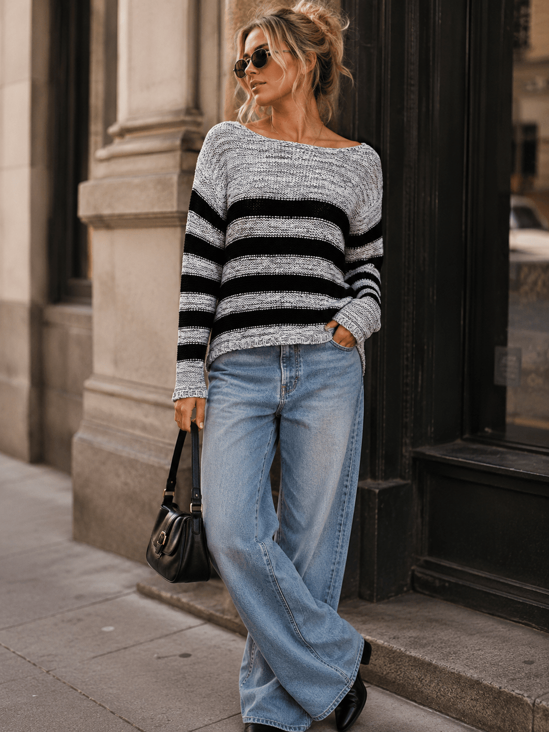 WOMEN'S LONG SLEEVE ELBOW PATCH COLORBLOCK STRIPES SWEATER